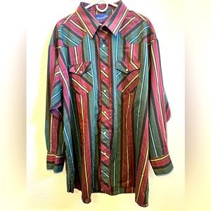 VINTAGE Wrangler Shirt Mens 20-36 Multi-Color Striped Pearl Snap X-Long Tails